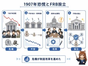 1907年恐慌とFRB設立の関係を解説する記事内図解。1907年の銀行不安や金融危機によって信用不安が広がり、金融危機への対応力が問われた結果、制度改革の必要性が高まり、FRB設立へ進んでいく流れをシンプルに表現している。国際金融資本、金融危機、銀行制度改革、通貨発行権、信用制度、連邦準備制度の歴史を雪が解説する図。