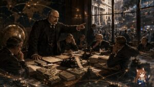 モルガン救済は国際金融資本を見せたという見出しに対応した記事内画像。1907年恐慌の金融危機を背景に、J.P.モルガン風の金融家が会議室で銀行家たちをまとめ、書類や資金を前に危機対応を進めている。民間金融家の救済劇、国際金融資本の影響力、金融ネットワーク、FRB設立の必要性、通貨発行権と信用制度の関係を視覚的に表現している。