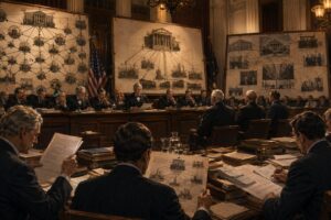 米議会は国際金融資本の金融集中を見たという見出しに対応した記事内画像。1910年代のアメリカ議会風の室内で、銀行、企業、鉄道、産業界を結ぶ金融ネットワークの関係図が提示され、議員たちが金融権力の集中を調査している様子を描いている。ピュージョ委員会、マネートラスト、国際金融資本、金融集中、FRB設立、通貨発行権、信用制度の関係を視覚的に表現している。