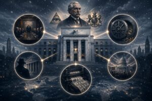 リンドバーグは通貨発行権の集中を批判という見出しに対応した記事内画像。FRBを象徴する建物を中心に、議会、金融ネットワーク、通貨、銀行制度、通貨発行権を示す要素が光の線でつながっている。チャールズ・リンドバーグSr.がマネートラストや金融権力の集中を批判し、FRB設立、通貨発行権、信用制度、国際金融資本への警戒を残した歴史を視覚的に表現している。