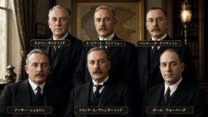 ジキル島会議の主な参加者を紹介する記事内画像。ネルソン・オルドリッチ、A・ピアット・アンドリュー、ヘンリー・P・デイヴィソン、アーサー・シェルトン、フランク・A・ヴァンダーリップ、ポール・ウォーバーグなど、FRB設立前夜に銀行制度改革案へ関わったとされる金融・政治関係者を肖像画風に並べている。国際金融資本、FRB設立、通貨発行権、ジキル島会議、金融エリート、銀行制度改革の関係を解説するための人物一覧画像。