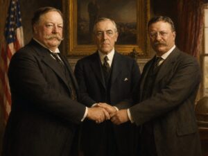1912年のアメリカ大統領選挙を解説する記事内画像。ウッドロウ・ウィルソン、ウィリアム・タフト、セオドア・ルーズベルトを思わせる3人の政治家が並ぶ構図で、共和党側の分裂とウィルソン勝利、その翌年のFRB設立へつながる政治条件を象徴的に表現している。国際金融資本、FRB設立、通貨発行権、1912年大統領選挙、金融制度改革の関係を読み解く場面。