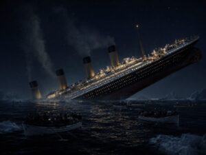 夜の北大西洋で沈みゆくタイタニック号と救命ボートを描いた画像。20世紀初頭の世界情勢、国際金融資本、FRB設立前夜の時代背景を象徴的に表現。