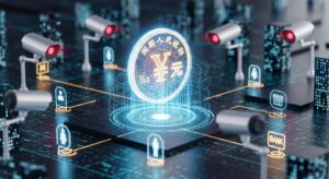 中央銀行デジタル通貨(CBDC)が発行・流通・利用履歴を完全に監視できる仕組みを解説する記事用。中央に浮かぶデジタル人民元のシンボルを複数の監視カメラやネットワーク回線が取り囲み、金融活動が全て追跡可能になる未来を象徴するリアルなイメージ