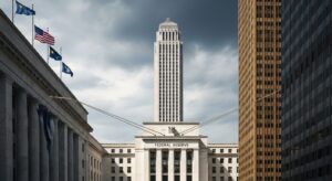 FRBが政府から独立して存在し、政治と金融の狭間で動く仕組みを解説する記事用。FRBを象徴する重厚な建物が高層ビル群の中に立ち、国旗が翻り、政治権力と金融権力の板挟みで動く構造を象徴するリアルなイメージ