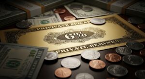 FRB株主銀行には法律で毎年6%の配当が保証されている仕組みを解説する記事用。6%と書かれた証券の上にドル紙幣やコインが散らばり、通貨発行から得られる利益が民間に還元される構造を象徴するリアルなイメージ