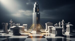 BIS(国際決済銀行)が中央銀行を統括し、国家より上位の金融司令塔として機能する仕組みを解説する記事用。小さな各国の象徴的な建物の中央に巨大な金融タワーがそびえ立ち、通貨政策を国際的に支配する様子を象徴するリアルなイメージ