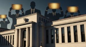 FRBが実際には株式を持つ民間銀行によって支えられている構造を解説する記事用。FRBを象徴する建物の背後に、株券や金を持つ巨大な影の人物が立ち、株主による支配と利権構造を象徴するリアルなイメージ