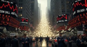 2008年のリーマンショックでFRBが無制限のドル供給を行い、量的緩和が始まった歴史的背景を解説する記事用。ウォール街の株価暴落チャートの中で大量のドル紙幣が街を埋め尽くし、人々が混乱する様子を象徴的に描いたリアルなイメージ