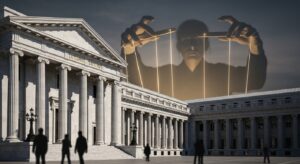中央銀行や国際機関(FRB・IMF・BISなど)が表向きは公的機関であっても、実際には資本の論理で動かされ、経済危機対応や政策決定すら設計されている構造を象徴するリアルなイメージ。巨大な影の存在が金融機関を操るように描かれ、国家を超えた金融支配の仕組みを直感的に示す。