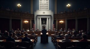 FRBが議会に定期的な報告を行い説明責任を果たしているように見えるが、実際の政策決定は独立して民主主義の外で行われている仕組みを解説する記事用。議場で中央の演壇に立つ人物が報告を行い、議員たちが見守る象徴的なイメージ