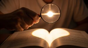 AIの真価は答えを与えることではなく、仮説や反論を通して問いを深め、思考力を鍛える道具として活用できることを解説する記事用。人が本に光を当て、拡大鏡でページを照らす構図は「問いを育てる道具」としてのAIの役割を象徴的に示すリアルなイメージ。