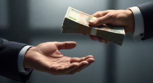 通貨発行権が政府ではなく中央銀行という民間装置に握られている構造を解説する記事用。スーツ姿の人物が札束を受け渡す手元のクローズアップで、通貨が国家ではなく民間の管理下にあることを象徴するリアルなイメージ