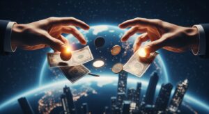 国際金融資本が国家を超えて通貨と信用を支配する仕組みを象徴するリアルなイメージ。巨大な手が地球の上で紙幣やコインを操り、都市や経済活動全体がその影響下に置かれている様子を表現。FRBや中央銀行による通貨発行権と見えない支配構造を直感的に示す。