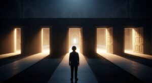 支配は命令や強制ではなく、あらかじめ設計された選択肢によって構造的に成立することを解説する記事用。複数の扉が並ぶ暗い空間に一人の人物が立ち尽くし、見えない枠組みの中で自由を選ばされている状態を象徴するリアルなイメージ