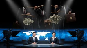 テレビや新聞が国際金融資本を批判できない理由を解説する記事用。報道機関のスポンサーが支配構造の中枢にあり、ニュースキャスターの背後で巨大な手が糸を操り、人形のようにメディアや資金を支配している様子を象徴するイメージ
