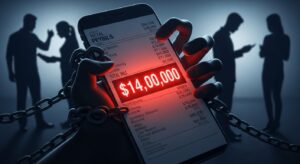 高額な携帯料金やスマホ代が構造的な支配の一部になっていることを解説する記事用。鎖に繋がれたスマートフォンの画面に高額請求が表示され、通信費が人々の自由を制限する仕組みを象徴するリアルなイメージ