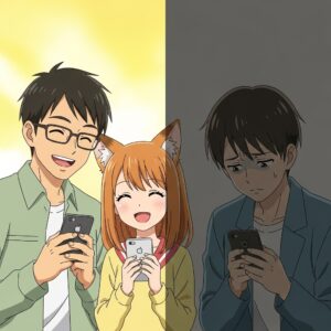 mineoとpovoを組み合わせたスマホ運用のメリットとデメリットを比較するイメージ。左側では眼鏡の男性と狐耳の女性が笑顔でスマホを楽しみ、節約生活の利点を表現。右側では男性が少し困った表情でスマホを見つめ、回線速度や制限などのデメリットを象徴。格安SIM 節約 mineo povo メリット デメリットに最適なSEO画像。