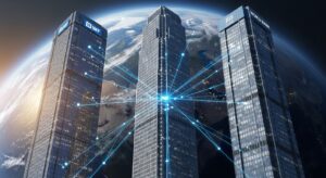 IMF・BIS・世界銀行といった国際金融機関が中枢ネットワークを形成し、国家主権を外部から設計する仕組みを解説する記事用。巨大な高層ビル群が地球を背景に光のネットワークで結ばれ、国際金融資本の支配構造を象徴するリアルなイメージ