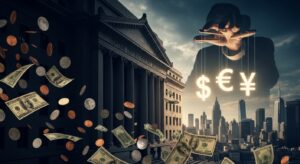 FRBと中央銀行が通貨発行を通じて世界を支配する構造を解説する記事用。都市の上空に巨大な影の人物が現れ、ドル・ユーロ・円の通貨記号を操りながら、紙幣が舞い散る光景で金融支配の心臓部を象徴するリアルなイメージ