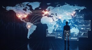 通貨と情報が統合され、金融ネットワークとデータ管理が一体化することで人々の行動が制御される時代を解説する記事用。世界地図に光るネットワークが表示され、前景に人影とデータパネルが浮かび上がる象徴的なイメージ
