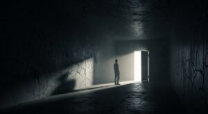 便利さに思考を委ねることで人は人生の主導権を手放し、問いを失うことが支配の入り口になることを解説する記事用。暗いトンネルの中に一人立つ人物が、出口の光に向かっている構図を描き、問いを捨てることが従属の始まりであることを象徴的に示すリアルなイメージ。