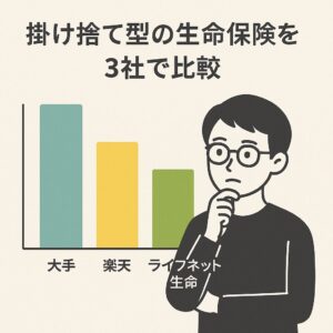 大手・楽天・ライフネットの保険を比較し、最適な選択を考える男性のアニメ風イラスト。