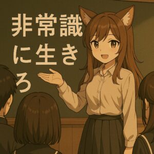 狐耳の少女が教室で生徒に向かって「非常識に生きろ」と語りかけている。常識という洗脳からの目覚めを促すメッセージ。