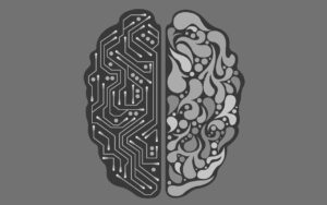 人間の脳の左半分が電子回路、右半分が有機的な神経構造で描かれているイラスト。思考の構造を表す。