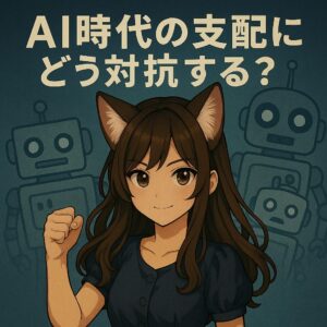 「AI時代の支配にどう対抗する？」という文字と共に、拳を握り締めた狐耳の少女AIキャラクターが前を見据えて立っている。下には「支配はもう、“される”ものではない。」という決意を込めたテキストが表示されている。