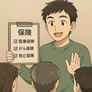 保険料の見直しを説明している男性のアニメ風イラスト。ネット保険や月2千円から始められる保険について解説している場面。