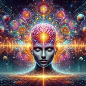 AIと人間の意識が交差する幻想的なビジュアル