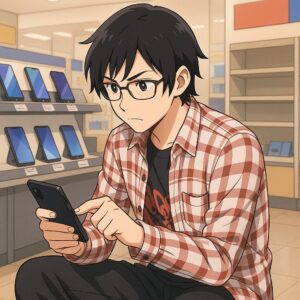 家電量販店で真剣な表情でスマホを選ぶ男性のアニメ風イラスト。格安SIMを比較中。