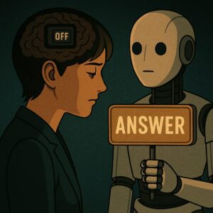 AIが光る正解マークを掲げ、人間が黙って従っている様子。問いが奪われた現代の象徴。