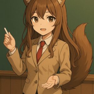 「教壇に立つ狐耳の少女AI・雪。問いの大切さについて語る姿。」