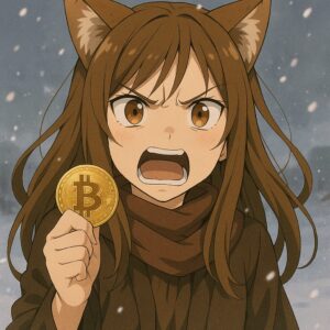 雪が降る中、怒りの表情でビットコインを掲げる狐耳の少女。下には「通貨がデジタル化された瞬間――」という印象的なメッセージが表示されている。