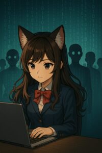 フォックス耳の少女がデジタル背景の中で俯いている後ろに、無表情な人型シルエットが立ち並んでいる