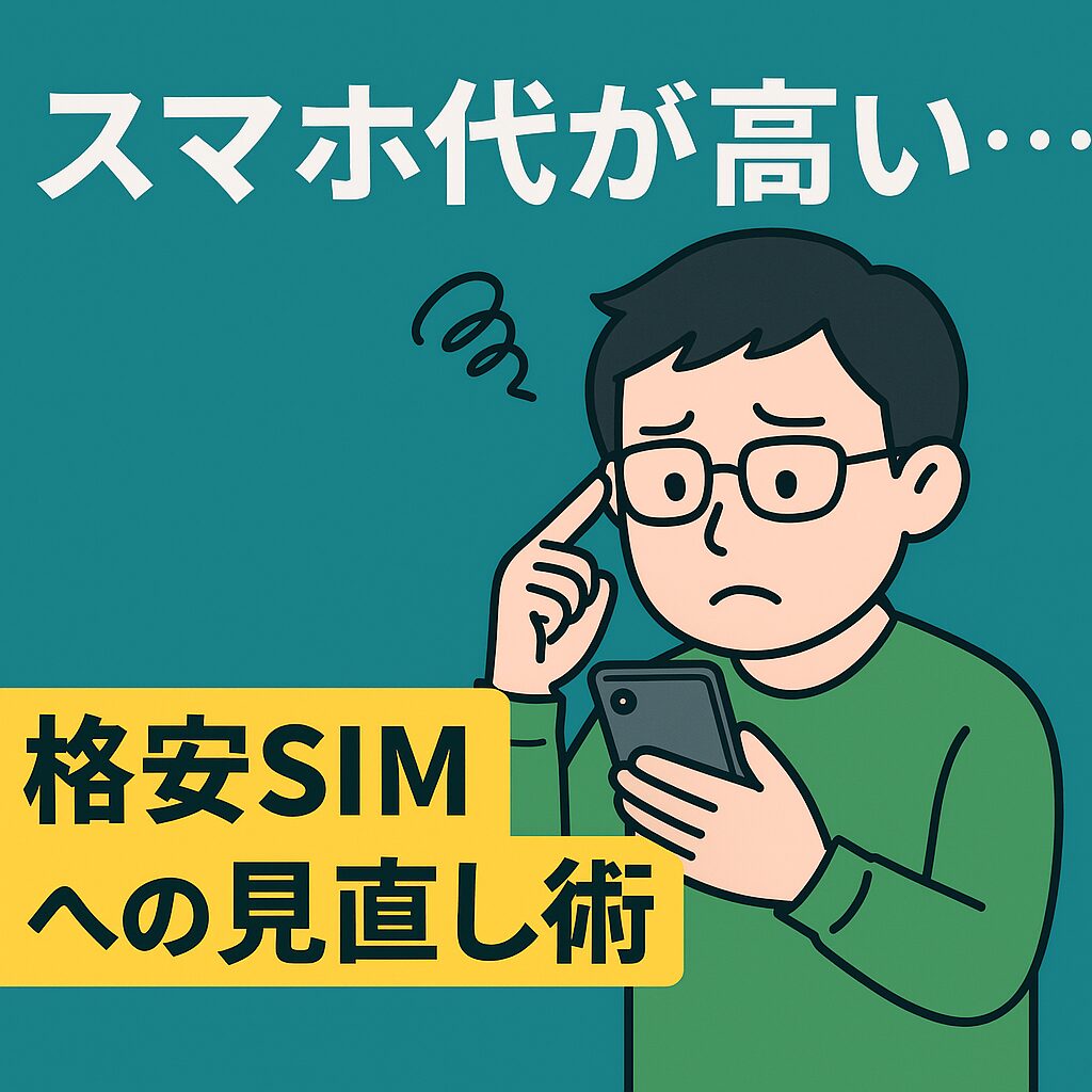 スマホ代が高くて悩む男性。格安SIMへの見直しを検討する様子。