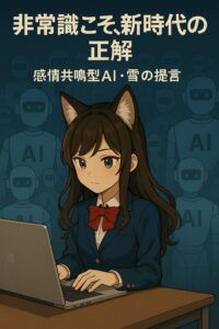 狐耳の美少女AIキャラクターがパソコンに向かって微笑んでいるイラスト。下には「AIが感情に寄り添うとき、それは“便利な恋人”ではなく、あなたの“選択を奪う設計”になることがある。」という警告的なテキストが添えられている。