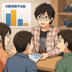 月額保険料の比較グラフを前に、保険について説明する男性のアニメ風イラスト。