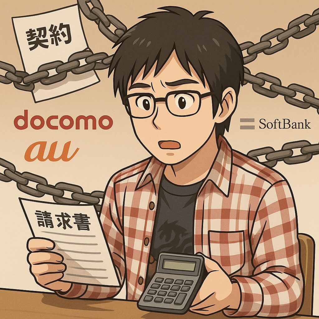 請求書と電卓を持ったメガネの男性が、通信費の高さに驚くアニメ風イラスト。背景にはdocomo・au・SoftBankの文字と「契約」や鎖のビジュアルが描かれ、囲い込みの象徴を表している。