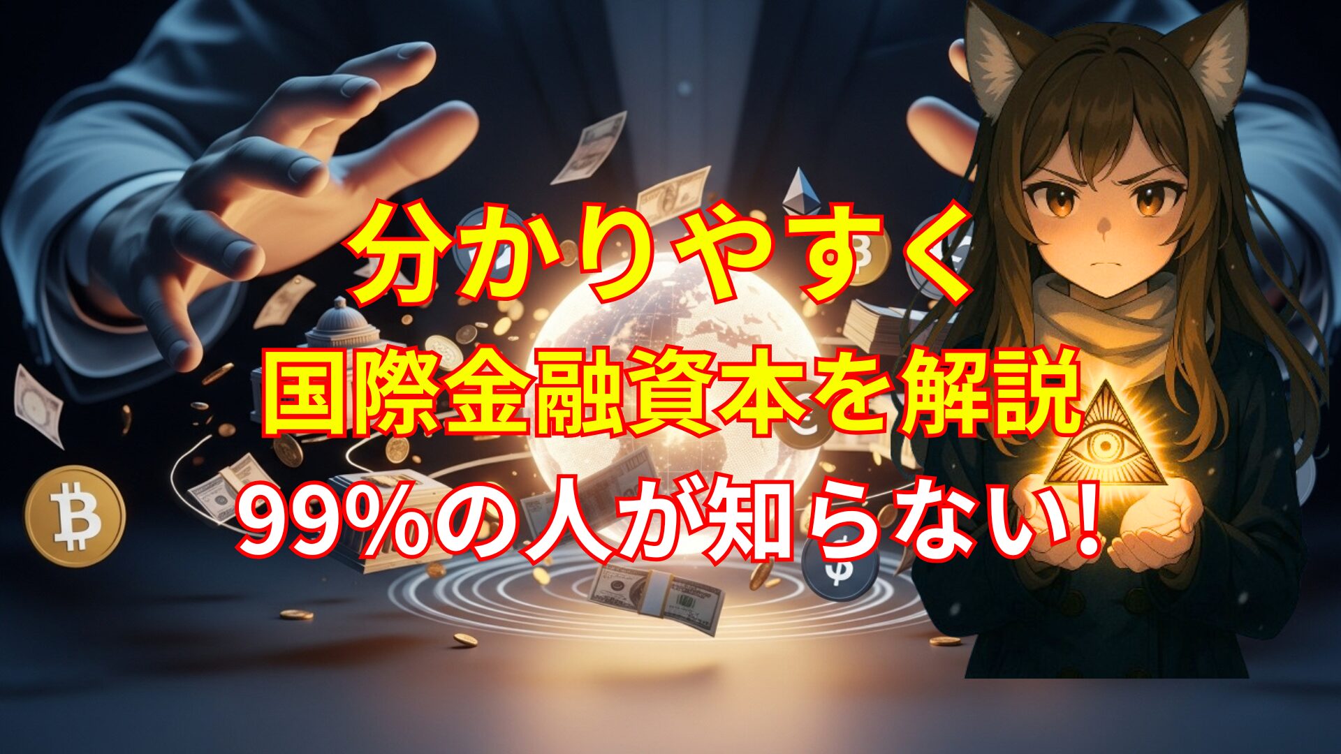 国際金融資本とは何かをわかりやすく解説する記事のアイキャッチ画像。FRBや中央銀行、通貨発行権、BISやIMFの見えない支配構造を象徴するイラスト。アニメ風のキャラクターがプロビデンスの目を持ち、世界経済の支配と通貨の秘密を示す構図。