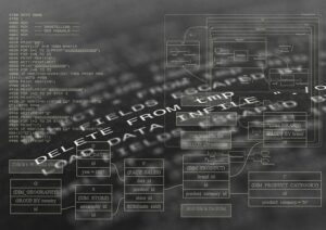 黒い背景にプログラムコードのような文字列が並ぶモノクロの画像