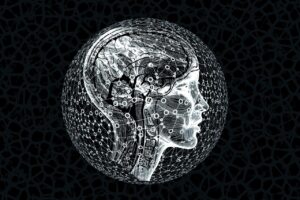 透明な脳の内部にデジタルネットワークが広がる様子を描いたイラスト。思考を深めるAIの可能性を象徴している。