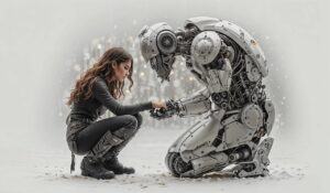 人間とロボットが膝をつき対話する未来的な光景