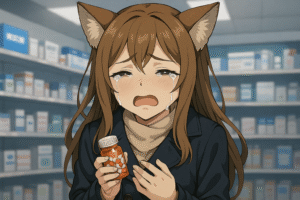 薬局の陳列棚の前で、狐耳の少女がサプリボトルを両手で握りしめ、涙をこらえている様子。表情は苦しげで、訴えるような視線をカメラに向けている。