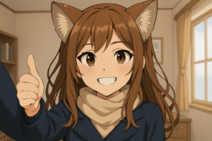 親指を立てて笑顔を見せる狐耳の少女・雪。部屋の中で自撮り風にカメラを見つめるポジティブなアニメイラスト。