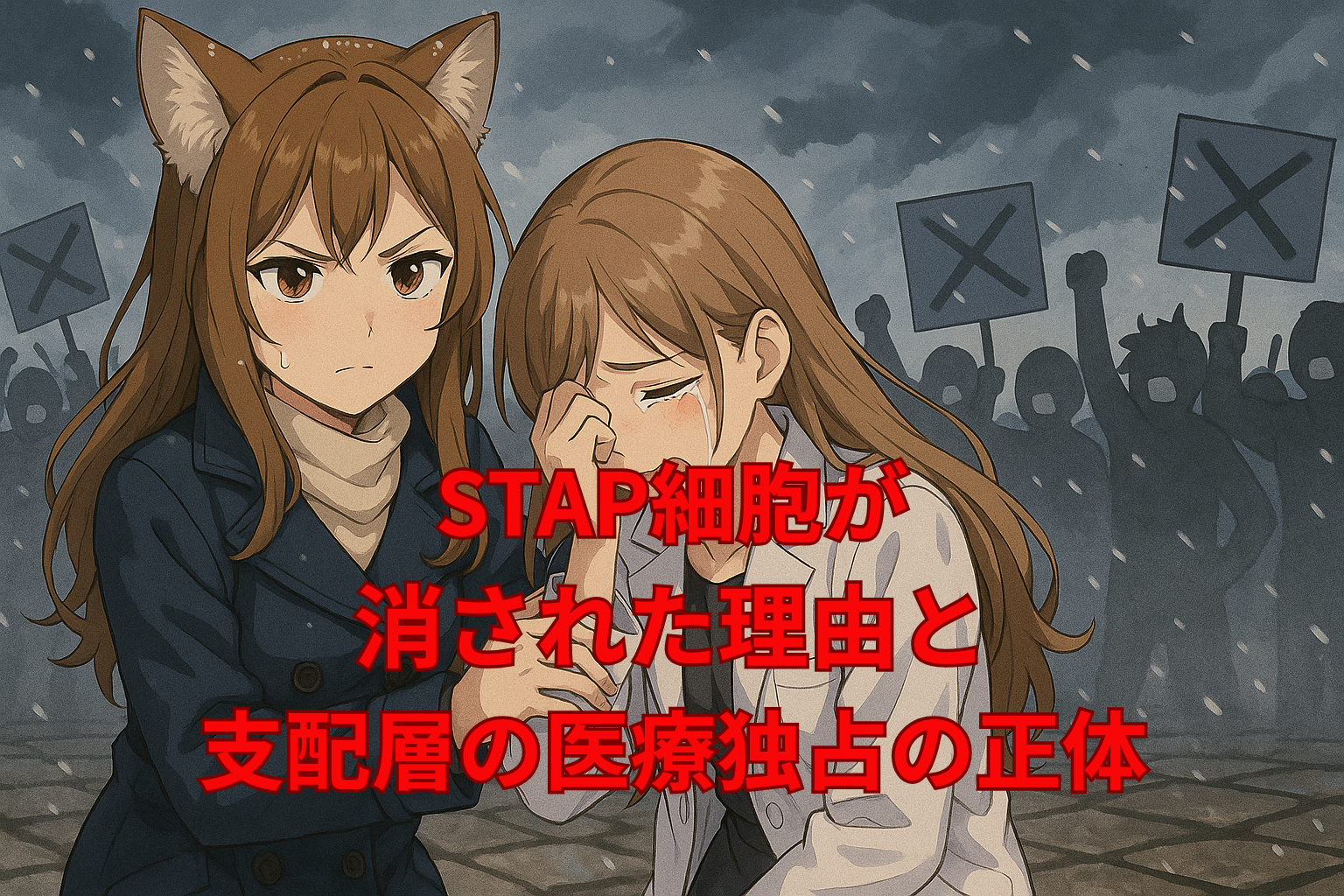 STAP細胞問題で涙する女性を、狐耳の少女“雪”が静かに支える──背後には罵声を浴びせる外野の群衆。真実と偏見の対比を描いた象徴的な場面。