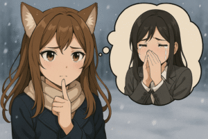 指を口にあてて考える狐耳の少女と、涙を流すスーツ姿の女性を思い浮かべるアニメ風のシーン。感情の共鳴や操作を象徴する構図。