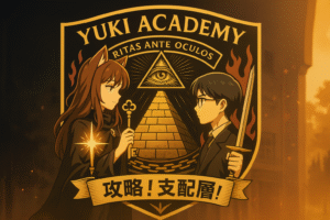 アニメ風の校章、YUKI ACADEMY、狐耳少女と剣を持つ少年、プロビデンスの目、ピラミッド、真実を象徴するエンブレム